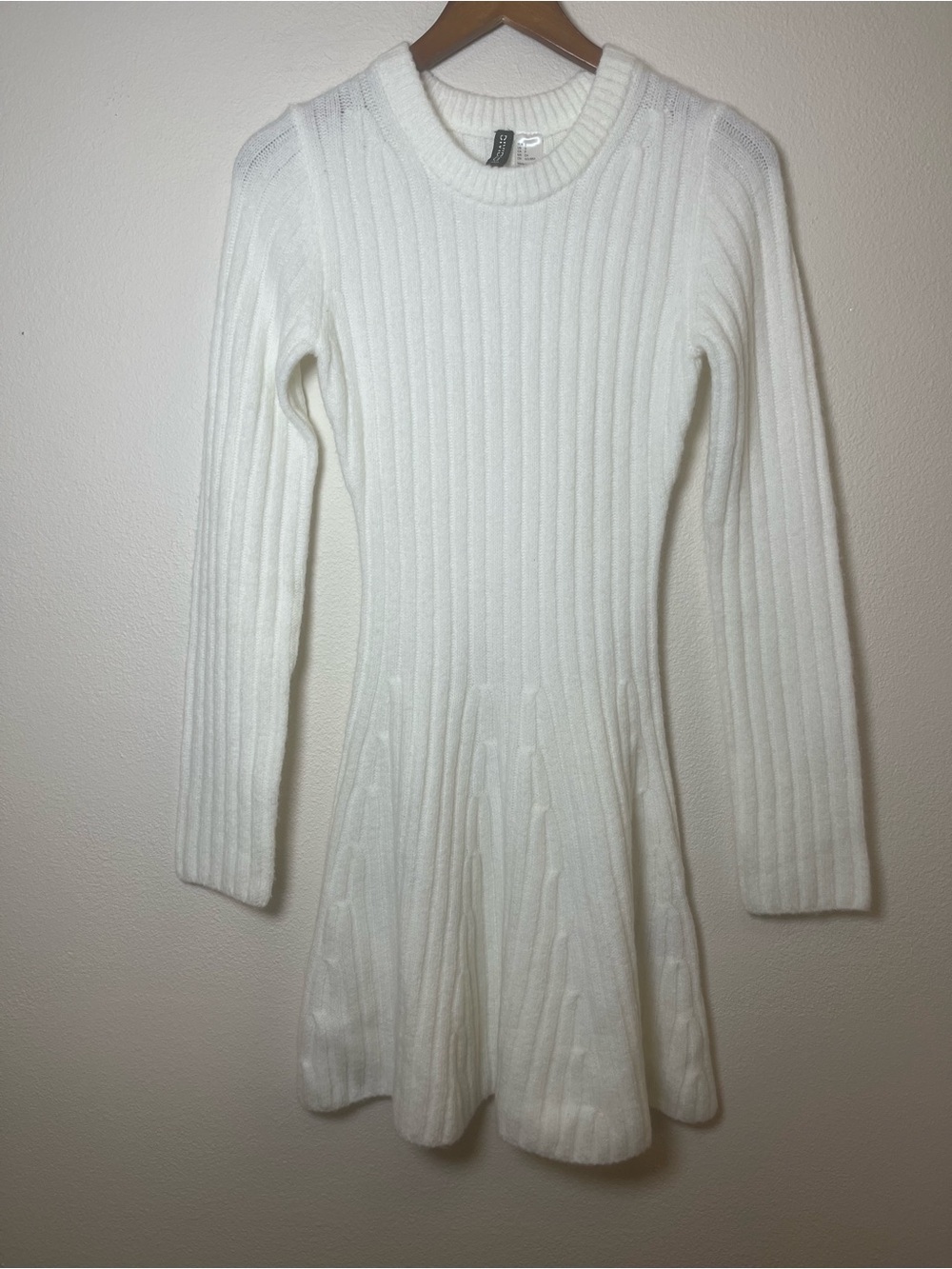 H&M White Ribbed Long-Sleeve Fit-and-Flare Wool Sweater Dress